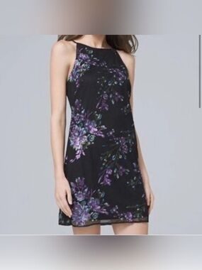 White House Black Market black and purple floral cocktail dress sequins 10